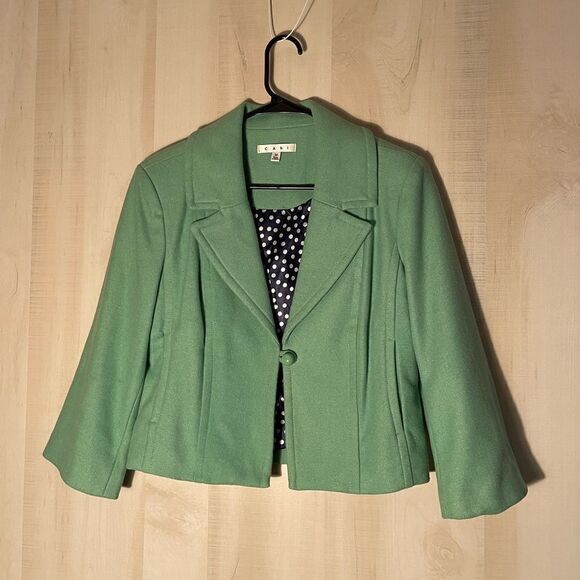 CABi green wool‎ jacket blazer with navy polka dot lining, size medium - Picture 2 of 15